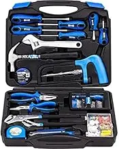 107 Piece Household Tool Set with Plastic Blow Molded Case, Most Reached Hand Tools for Home/Office/Garage Repair, Incl. Pliers/Adjustable Wrench/Screwdriver/Claw Hammer/Hack Saw/Tape Measure