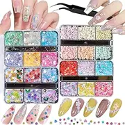Nail Art Glitter Sequins 3D Flower, Mixed Shapes and Iridescent Holographic Glitter Flakes Snowflake Hearts Star DIY Manicure Nail Art Decoration Sets for Nail Art, Craft, Makeup