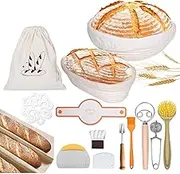 Sourdough Starter Kit,Natural Rattan Bread Proofing Basket,18-Piece Set Banneton Proofing Basket with Round & Oval Rattan Proofing Baskets,Sourdough Kit with The Necessary Tools