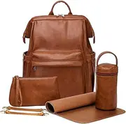 The Addons Baby Nappy Bag Set – 5 In 1 Changing Mat 2 Stroller Hooks Premium Leather Exterior Wipeable and Spill Resistant Interiors Easy Glide Zippers Vegan Durable Unisex Travel Bag, Brown
