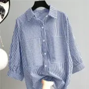 ZANZEA Women's Striped Shirt Summer 3/4 Sleeve Lantern Sleeve Front Pockets Casual Blouse Top