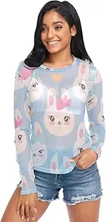 [RPLIFE] Cute Rabbits Mesh Long Sleeve Top, Long Sleeve Sheer Top S-XXL