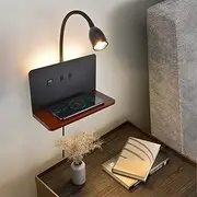 Black Wall Light with Wireless Charger, Dimmable Reading Lamp, Wall Mounted with USB Charging Port, Wall Lamp with Plug, Flexible Gooseneck Bed Reading Light, Wall Lamp with Warm White Backlight