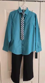 Van Heusen Boys 3 Piece Suit Set: Shirt/Pants/Tie Black & Aqua Size M (10/12)