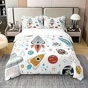 100% Organic Cotton Outer Space Duvet Cover 135 x 200 cm, Children's Boys Space Ship Rocket Bedding Set, Cartoon Universe Stars Planet Comforter Cover, Cosmos Meteorite Bed with 1 Pillowcase