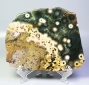 Natural Polished Ocean Jasper Agate Eye Quartz Crystal Slice Stone Reiki Stand