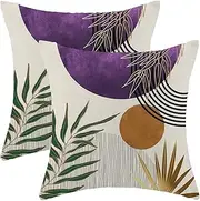 Yxuiyal Boho Pillow Covers 18x18 Set of 2 Abstract Green Purple Gold Sunset Throw Pillow Covers Mid Century BohemianTropical Leaf Pillowcase Farmhouse Linen Cushion Case for Home Couch Outdoor Decor