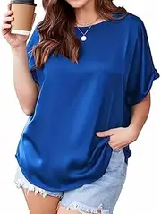 [Generic] Women's Plus Size Round Neck Satin Blouse Roll Up Sleeve Tunic Silk Ladies Office Shirts Business Casual Tops