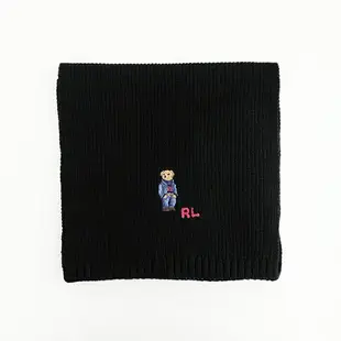 美國百分百【全新真品】Ralph Lauren 編織圍巾 羊毛 配件 RL 披肩 POLO 小熊 黑色 CN55