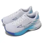 MIZUNO 慢跑鞋 WAVE RIDER 28 女鞋 超寬楦 灰 藍 波浪片 回彈 緩衝 運動鞋 美津濃 J1GD2406-21