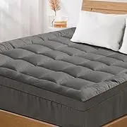 Queen Mattress Topper 1100GSM Microfibre Bamboo Charcoal Pillowtop Comfort Breathable Washable Bed Underlay Mat Pad with Cotton Protector Cover & 45cm Deep Pocket, Grey
