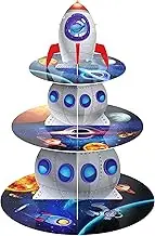 3 Tiers Rocket Space Station Cupcake Stand Outer Space Birthday Party Cardboard Cupcake Holder Decorations Galaxy Party Dessert Tower Solar System Party Supplies for Kids Space Themed Baby Shower
