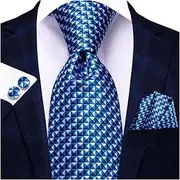 [VSOLS] Men's Blue Black Striped Tie 3.4" Tie Pocket Square Cufflinks Wedding Party Silk Tie Set (Color : SN-3366, Size : 59.06 * 3.35in)
