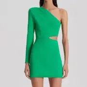 NEW Scanlan Theodore Dress Crepe Knit One Shoulder Mini Sz S RRP $800 Cut Out