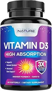Built By Nature Vitamin D3 5000 IU (125mcg), High Absorption Vitamin D Supplement for Bone and Immune Health Support, , Gluten Free, 60 Softgels