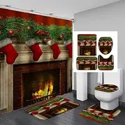 Christmas Shower Curtain Set with Rugs,Merry Christmas Fabric Waterproof Holiday Shower Curtains for Bathroom Set with Shower Curtain Bathroom Curtains Shower Sets Red Xmas Tree Bells Fireplace,F1