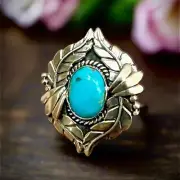 Kingman Blue Turquoise Oval Leaf Feather Sterling Silver Ring Size 7,8,9