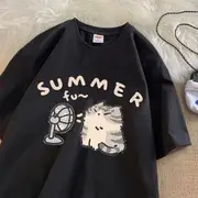 Short-Sleeve Cat Print Loose-Fit Tee Black - L