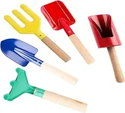 Toyvian 5pcs Gardening Tools Wooden Handle Fork Rake Shovel for Outdoor Play for Flower Vegetable Planting Weeding Soil Loosening Garden