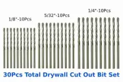 30Pcs Drywall Cut Out Bit Guided Point Cutout Router Bit Tool 1/8",5/32",1/4"