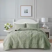 [B2EVER] Green Damask Quilt Twin Size Bedding Sets with 1 Pillow Sham, Boho Bedspread Lightweight Soft Farmhouse Vintage Bohemian Coverlet Retro Jacquard Pattern Bed Cover for All Season, 2 Pieces