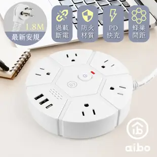 aibo PD快充20W USB延長線-1.8米 (3孔1切5座+PD+2USB)