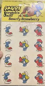 NOS Vintage 1980's NIP Smurf Scratch' n Sniff Smurfy strawberry stickers sticker