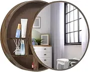 Round Sliding Door Mirror Cabine, Dark Walnut Bathroom Wall Mirror with Cabinet Large Storage Space Hd Mirror for Wall Decor, Vanity, Entryway Living Room 50cm