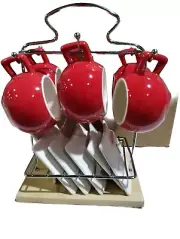 Espresso Coffee 6 Cup 6 Saucer 6 Spoons w Rack ☕️ Contemporary Red Set | 3.3oz