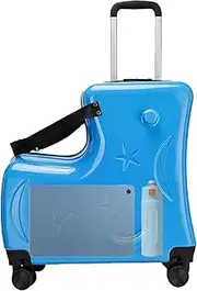 [Zqkimzi] Kids Ride Suitcase, 3 Digits Password Lock, Ride Travel Luggage, Silent Wheels Kids Luggage with Seat Belts, Handlebars, and Pedals for Kids Family Vacations (1 Piece), Lake Blue, Refer to