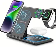 Black,3 in 1 Wireless Charging Station, Foldable 15W Charger Stand Multiple Devices for Apple/Samsung, Wireless Charger for iPhone 16/15/14/13/12, Apple Watch&Airpods&Samsung Galaxy