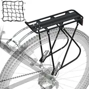 Bike Cargo Rack w/Bungee Cargo Net & Reflective Logo Universal Adjustable Bicycle Rear Luggage Touring Carrier Racks 55lbs Capacity Quick Release Mountain Road Bike Pannier Rack for 26"-29" Frames