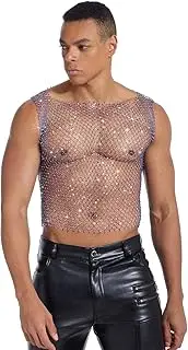 [HAVBX] Mens Rhinestones Mesh Crop Tank Top, Sparkle Silver and Gold Fishnet Shirt for Men Club Party