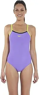 [Speedo] Women's Thin Strap Muscle Back Swimsuit-Black/Papaya Punch/Ecstatic, Size 30