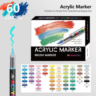 60 Colour Set Vibrant Cyan Acrylic Marker with Soft Brush Tip