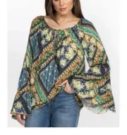 NWT Johnny Was Miza Tiered Peasant Blouse Top Floral Cupra Rayon NEW Women Xs