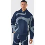 Mens Indigo Boxy Denim Patchwork Applique Hoodie