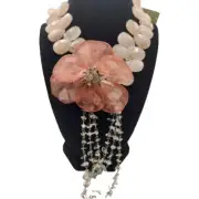 STUNNING Vintage MAYA Faceted Rose Quartz Rock Crystal Large Flower Necklace