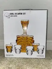 New! Godinger Whiskey Skellington Decanter (7 Piece) Skull Shot Glasses Stopper