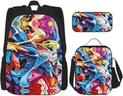 [DRTGEDS] Graffiti Drawing Backpack With Lunch Box 3 In 1 Set With Pencil Case, Large Capacity Backpack With Chest Strap
