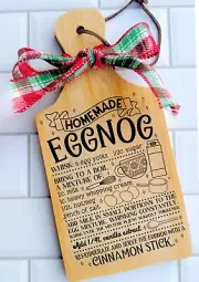 Decorative Wood Cutting Board - EggNog Recipe - Handmade - Leather Hanger