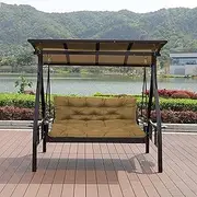 10CM Thick Waterproof Canopy Swing Bench Cushion with Backrest 2/3 Seater Garden Bench Pad Patio Pouch Outdoor Furniture Washable Durable Khaki 150 * 100 * 10cm