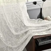 FINECITY Rustic Branch Leaf Floral Patterned Ivory Lace Curtains - Scalloped Macrame Country Sheer Curtains for Living Room, 52 x 84 Inch, 2 Panels, Cream/Ivory