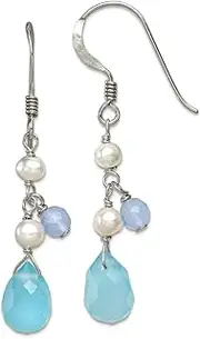 [JewelryWeb] 925 Sterling Silver Shepherd hook White Dyed Jade Agate Blue Freshwater Cultured Pearl Earrings 39x7mm Wide Stud Earring for Women