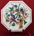 Octagon White Marble Corner Table Top for Office Pietra Dura Art Coffee Table