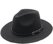 [VANTOBEST] Women Classic Black Felt Wool Fedora Hat Wide Brim Wool Panama Hat Trilby Hat Jazz Cap with Belt Buckle for Daily or Wedding