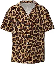 [CADREWY] Leopard Patterned Wallpaper Print Men's Lightweight Stylish Classic Cuban Collar Style Short Sleeve Practical Pocket
