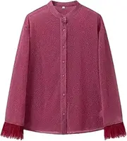 [Generic] Women's Round Neck Feather Splicing Design Long Sleeved Shirt Top Elastic Waist Wide Leg Drawstring Long Pants Set