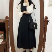 Plain Long-Sleeve Blouse / Midi A-Line Overall Dress Blouse - Light Yellow - S
