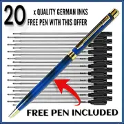 Cross Compatible Black Ink Refills x 20 German Ink + Free Blue & Gold Pen